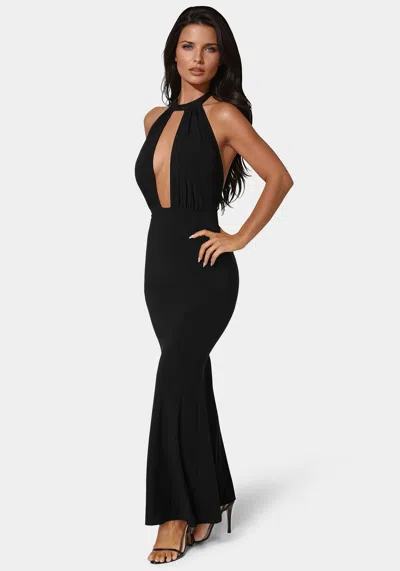 Bebe Plunge Neck Halter Floor Length Dress In Black
