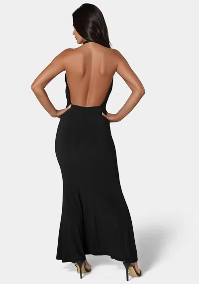 Bebe Plunge Neck Halter Floor Length Dress In Black