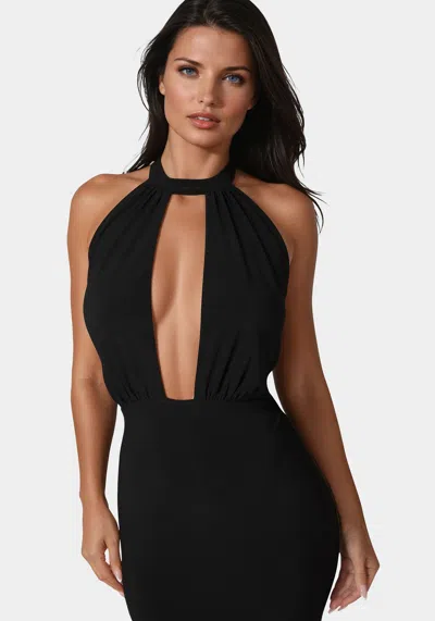 Bebe Plunge Neck Halter Floor Length Dress In Black