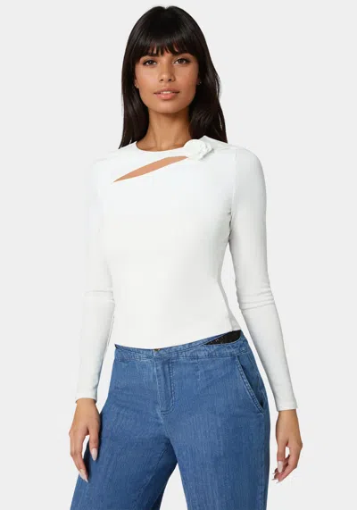 Bebe Cut Out Flower Long Sleeve Top In White Alyssum