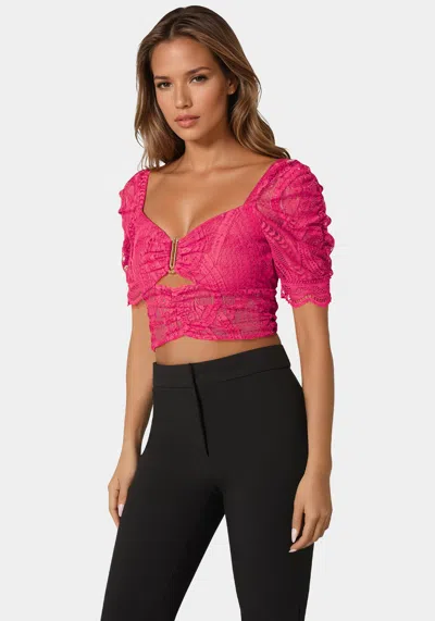 Bebe Puff Sleeve Lace Top In Raspberry