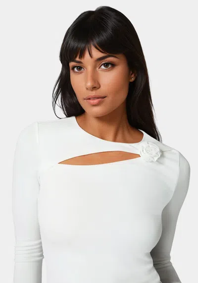 Bebe Cut Out Flower Long Sleeve Top In White Alyssum