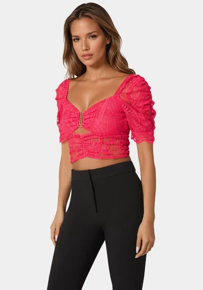 Bebe Puff Sleeve Lace Top In Raspberry