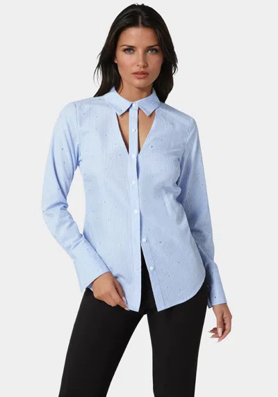 Bebe Cutout Rhinestone Poplin Blouse In Clear Sky