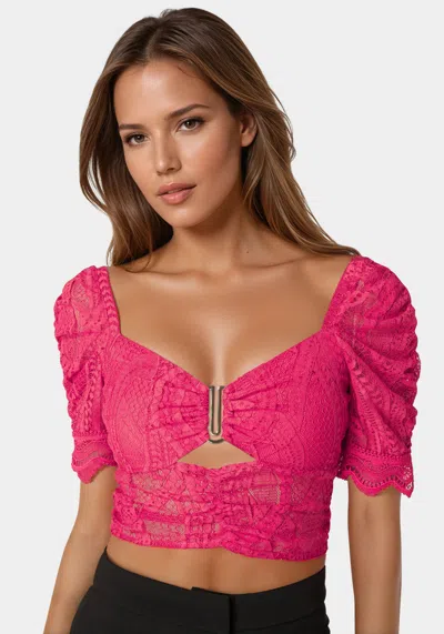 Bebe Puff Sleeve Lace Top In Raspberry