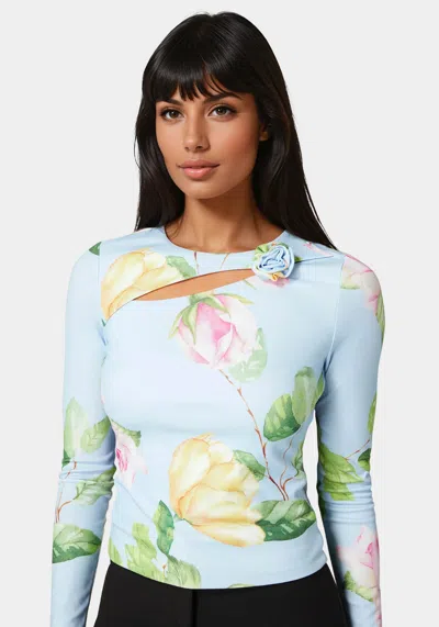 Bebe Cut Out Flower Long Sleeve Top In Clear Sky Floral Print