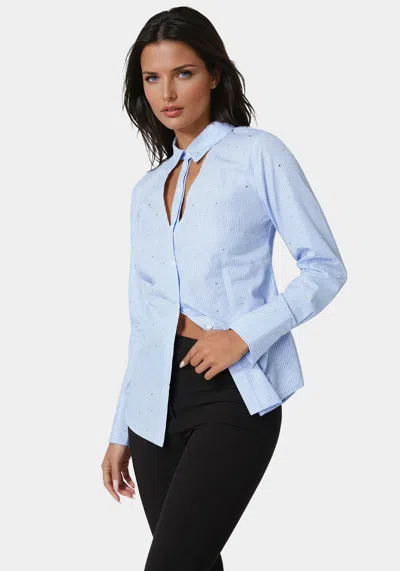 Bebe Cutout Rhinestone Poplin Blouse In Clear Sky