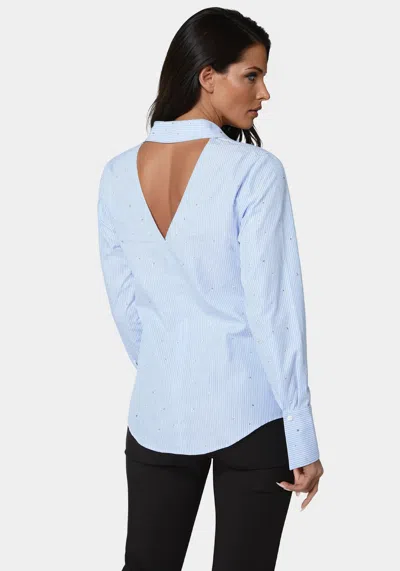 Bebe Cutout Rhinestone Poplin Blouse In Clear Sky