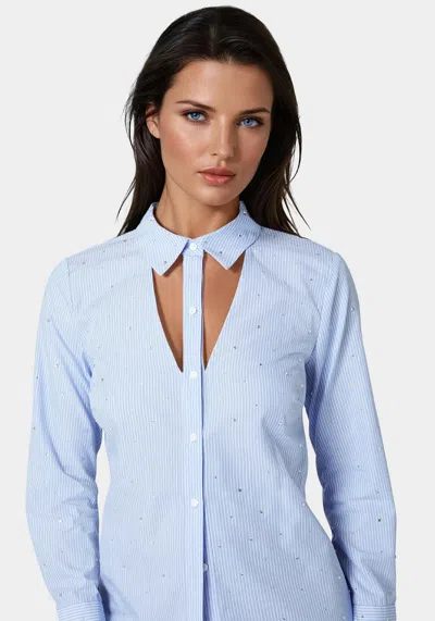Bebe Cutout Rhinestone Poplin Blouse In Clear Sky