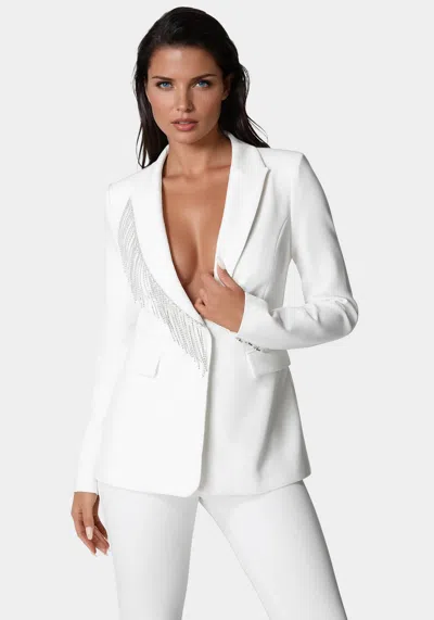 Bebe Rhinestone Fringe Tailored Blazer In White Alyssum