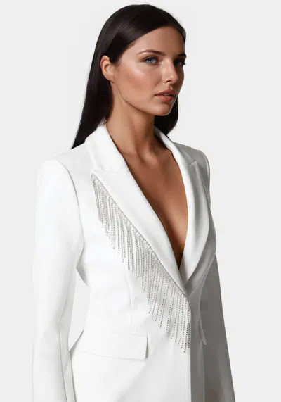 Bebe Rhinestone Fringe Tailored Blazer In White Alyssum