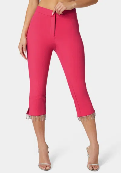 Bebe Mid Waist Rhinestone Fringe Capri In Raspberry