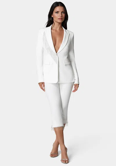 Bebe Mid Waist Rhinestone Fringe Capri In White Alyssum