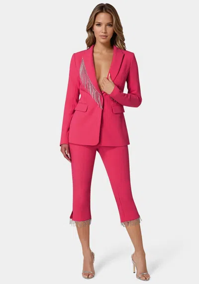 Bebe Mid Waist Rhinestone Fringe Capri In Raspberry