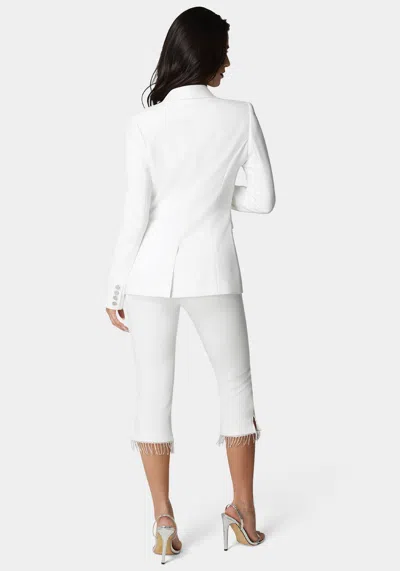 Bebe Mid Waist Rhinestone Fringe Capri In White Alyssum