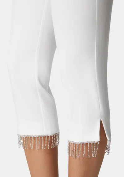 Bebe Mid Waist Rhinestone Fringe Capri In White Alyssum
