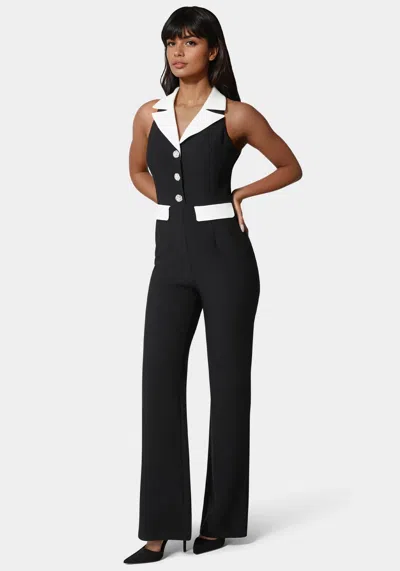 Bebe Tailored Straight Flared Jumpsuit In Black,white Alyssum