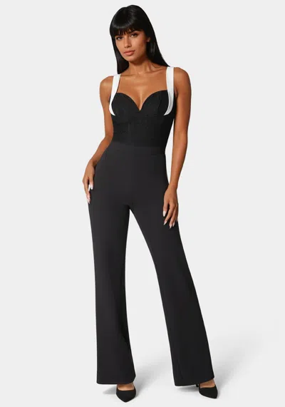 Bebe Lace Insert Flared Jumpsuit In Black,white Alyssum