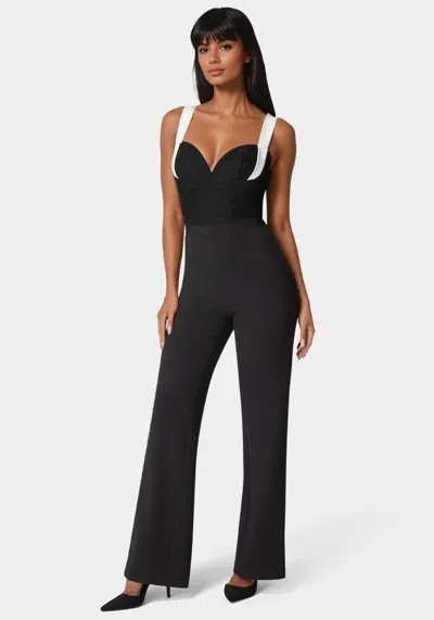 Bebe Lace Insert Flared Jumpsuit In Black,white Alyssum