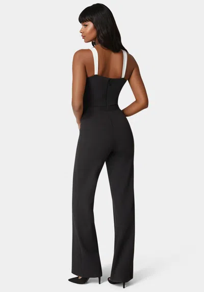Bebe Lace Insert Flared Jumpsuit In Black,white Alyssum