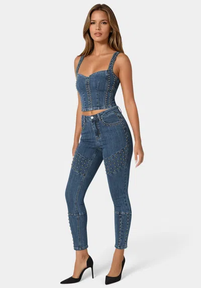Bebe Studded Denim Corset In Antique Wash
