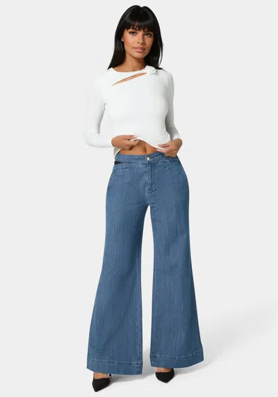 Bebe High Waist Ultra Wide Leg Denim Pant In Medium Blue Wash,black