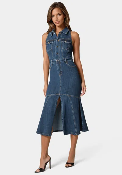 Bebe Halter Midi Denim Dress In True Blue Wash
