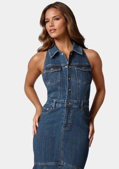 Bebe Halter Midi Denim Dress In True Blue Wash