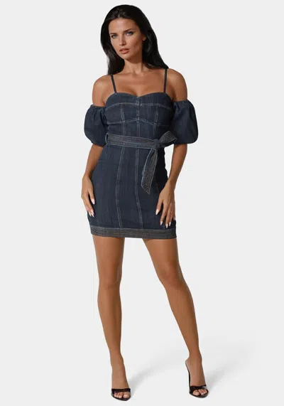 Bebe Fitted Denim Dress In Dark Indigo Wash