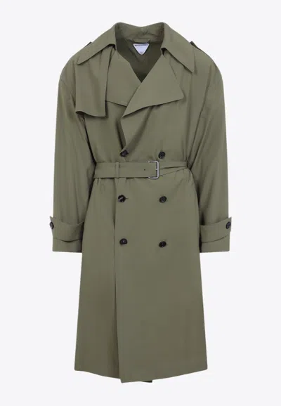 Bottega Veneta Green Wool Double-breasted Trench Coat In Khaki