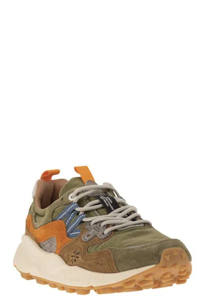 Flower Mountain Yamano 3 - Sneakers In Suede And Technical Fabric In Green/orange