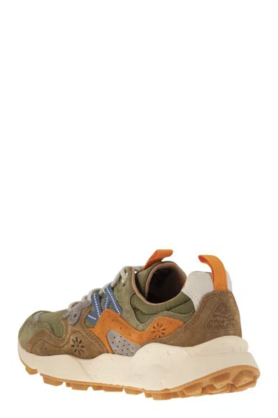 Flower Mountain Yamano 3 - Sneakers In Suede And Technical Fabric In Green/orange