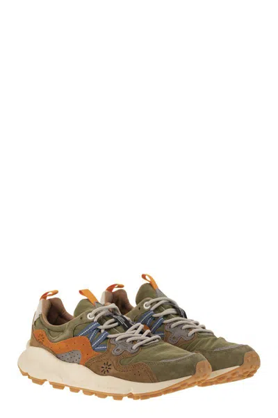 Flower Mountain Yamano 3 - Sneakers In Suede And Technical Fabric In Green/orange