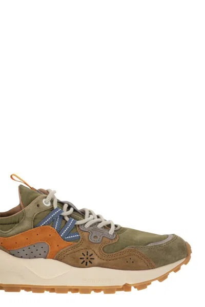 Flower Mountain Yamano 3 - Sneakers In Suede And Technical Fabric In Green/orange