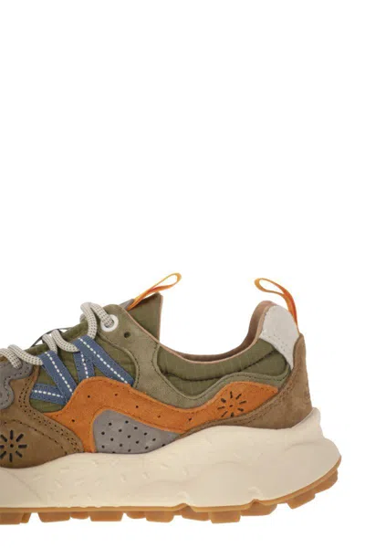 Flower Mountain Yamano 3 - Sneakers In Suede And Technical Fabric In Green/orange