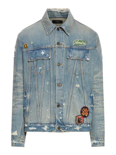 Amiri Vintage Pegasus Embellished Distressed Paint-splattered Denim Trucker Jacket In Blue
