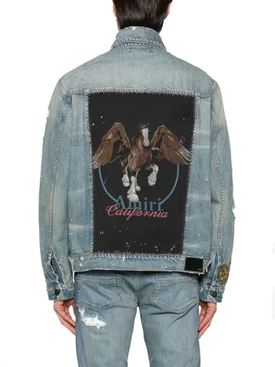 Amiri Vintage Pegasus Embellished Distressed Paint-splattered Denim Trucker Jacket In Blue