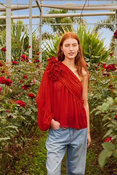 FARM RIO ACTIVE RED ROSE PUFF SLEEVE ONE-SHOULDER BLOUSE 