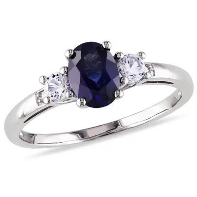 Mimi & Max 1 3/5ct Tgw Created Blue White Sapphire 3-stone Ring Diamond Accents 10k White Gold In Blue