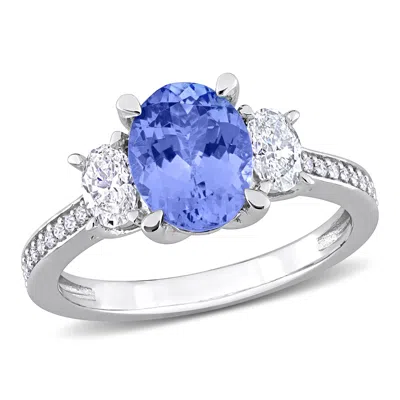 Mimi & Max Oval Cut Tanzanite 5/8ct Diamond 3-stone Ring 14k White Gold In Blue