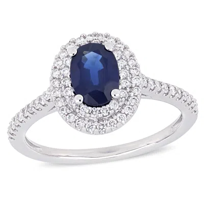 Mimi & Max 1ct Tgw Oval Sapphire 1/3ct Tw Diamond Double Halo Ring 14k White Gold In Blue