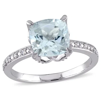 Mimi & Max Cushion-cut Aquamarine And Diamond Ring 10k White Gold In Blue