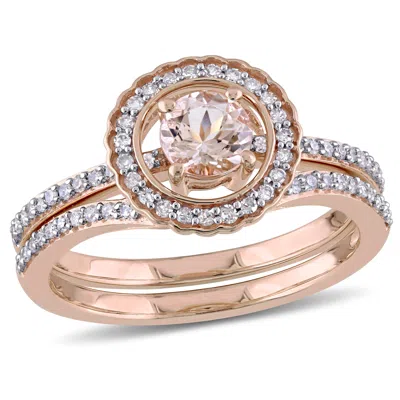 Mimi & Max Morganite And 1/3ct Tw Diamond Halo Bridal Ring Set 10k Rose Gold In Pink
