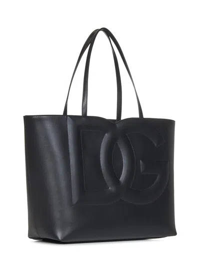 Dolce & Gabbana Black Embossed Logo Leather Tote Bag For Women In Black