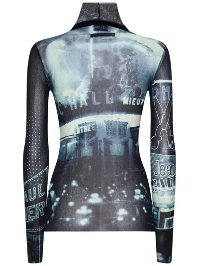 Jean Paul Gaultier Tulle Turtleneck Top In Blue
