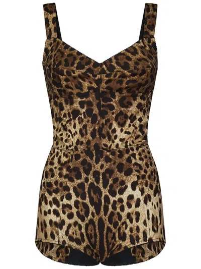 Dolce & Gabbana Leopard-print Fitted Bodysuit In Brown