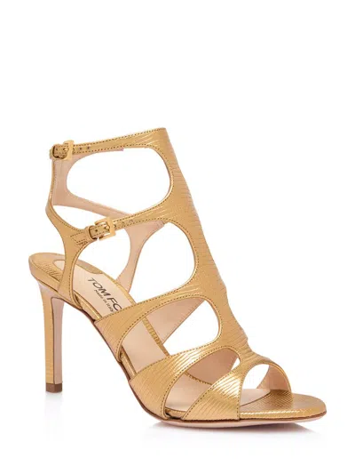 Tom Ford Laminated Leather Sandals With Croco Print In Gold