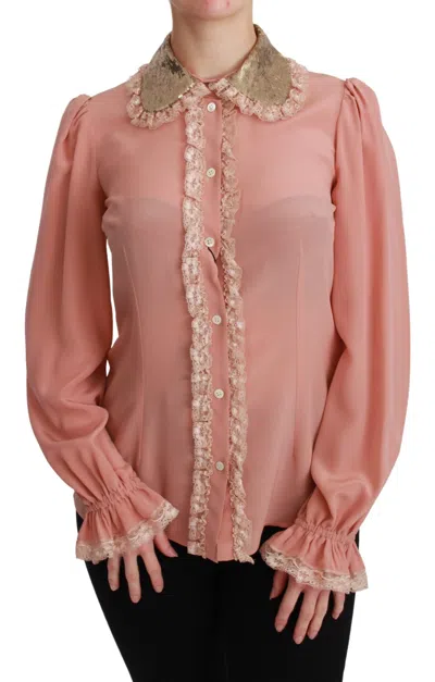 Dolce & Gabbana Elegant Pink Lace Silk Blouse With Gold Sequins In Gold