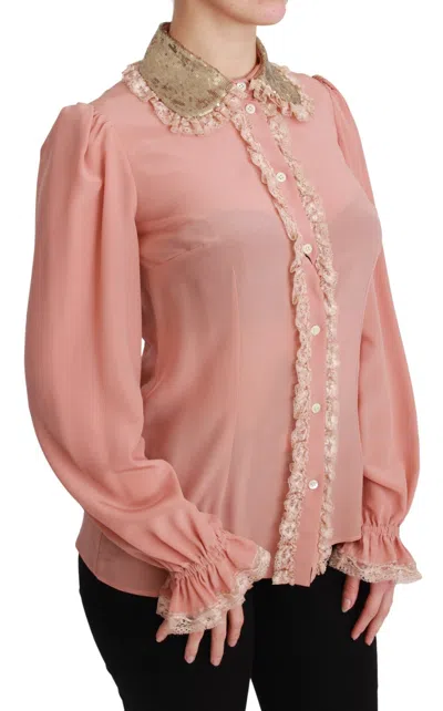 Dolce & Gabbana Elegant Pink Lace Silk Blouse With Gold Sequins In Gold