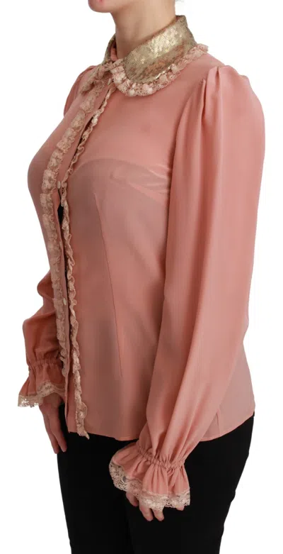 Dolce & Gabbana Elegant Pink Lace Silk Blouse With Gold Sequins In Gold